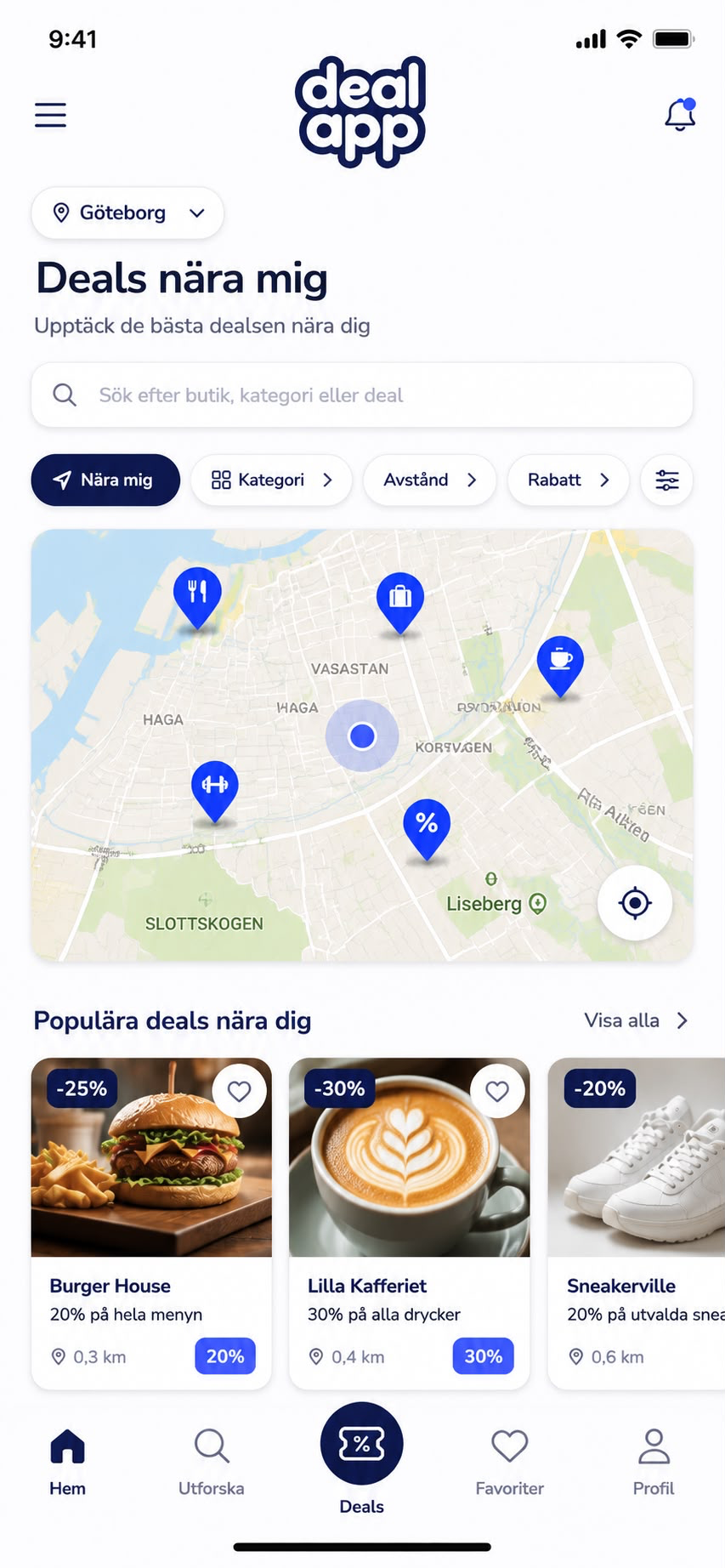 DealApp startvy med deals nära dig